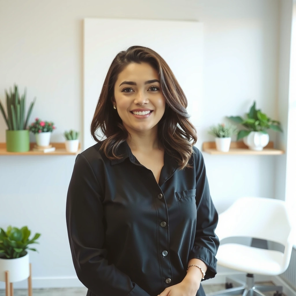 Profesjonalne zdjęcie dietetyczki, uśmiechniętej i zrelaksowanej, w jasnym, nowoczesnym gabinecie